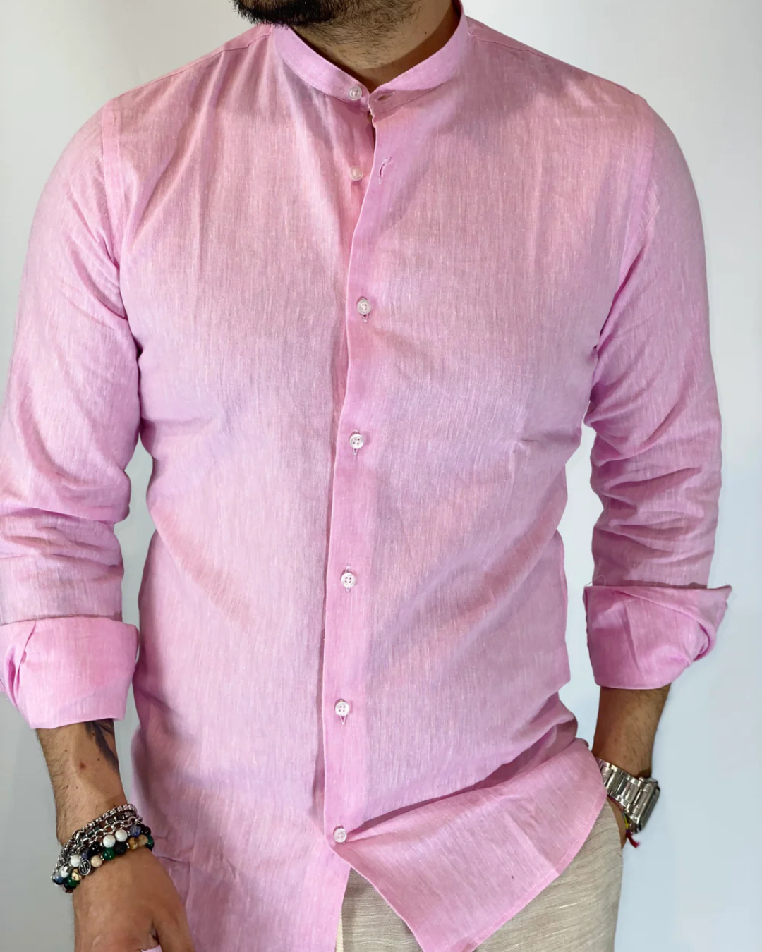 Camisa de Lino con Cuello Mao para Hombre