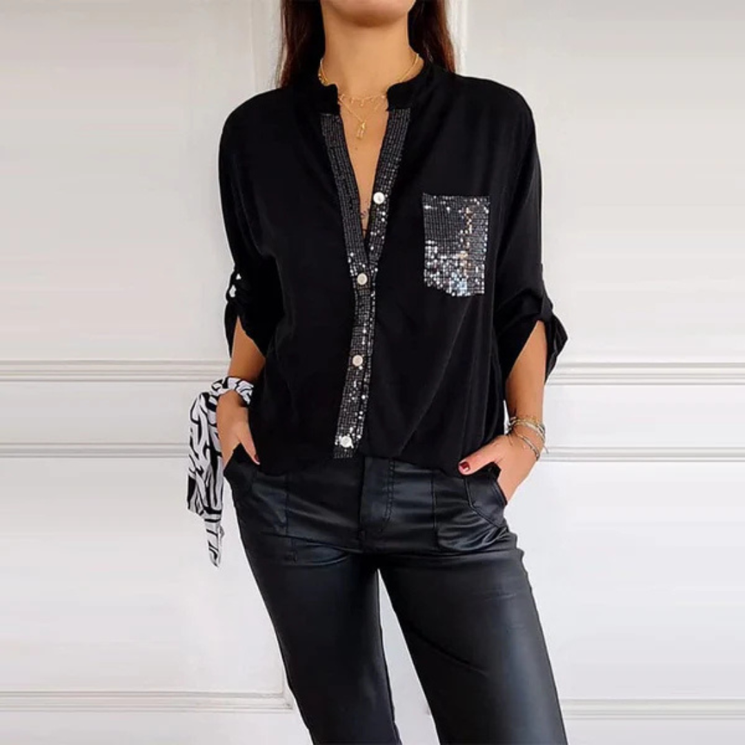 Camisa Casual de Manga Larga para Mujer con Bolsillo y Detalles de Lentejuelas