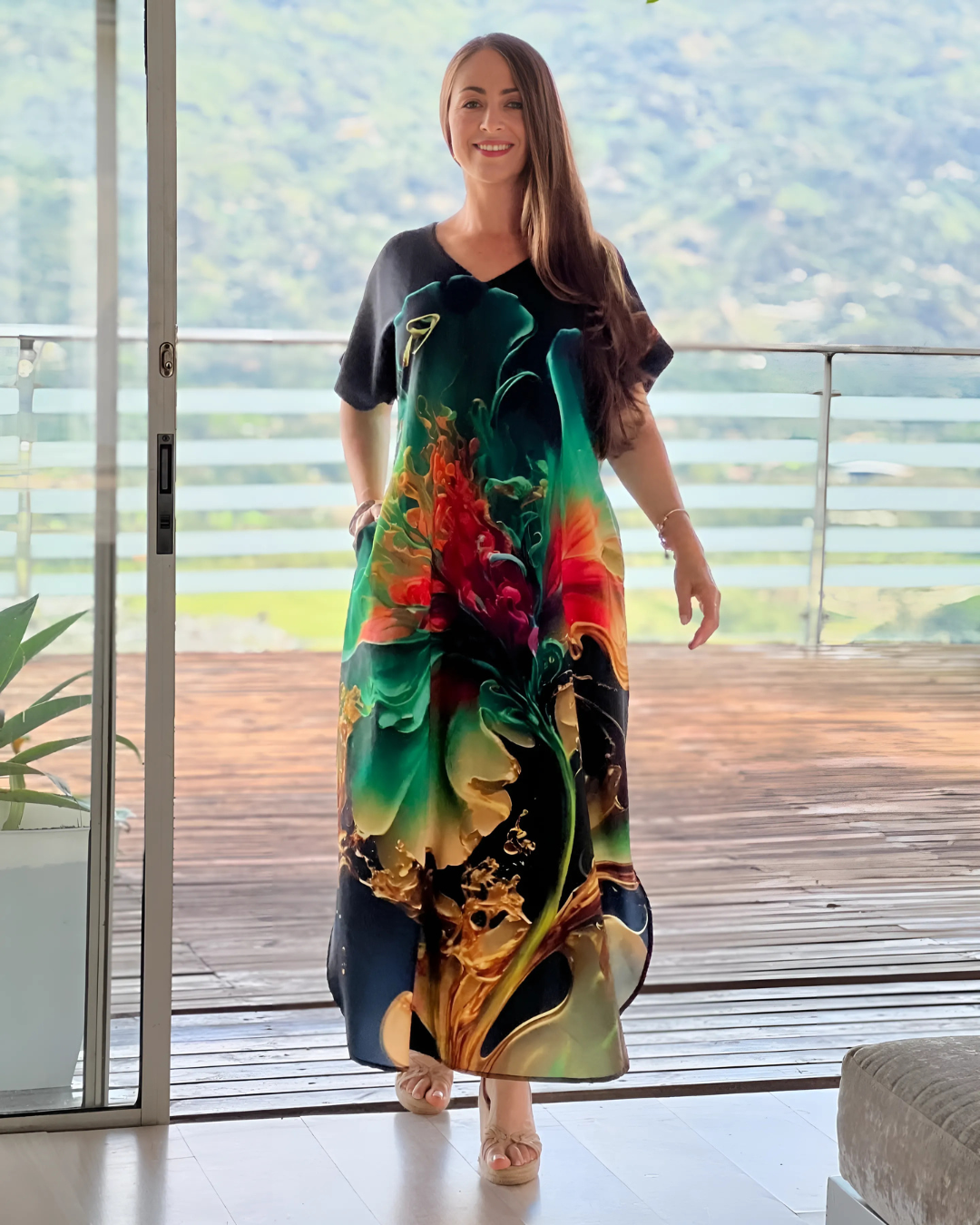 Vestido suelto con escote en V para mujer