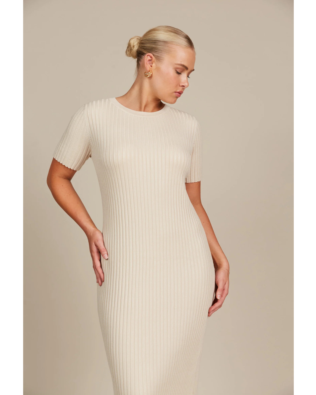 Vestido Largo de Manga Corta con Canalé para Mujer