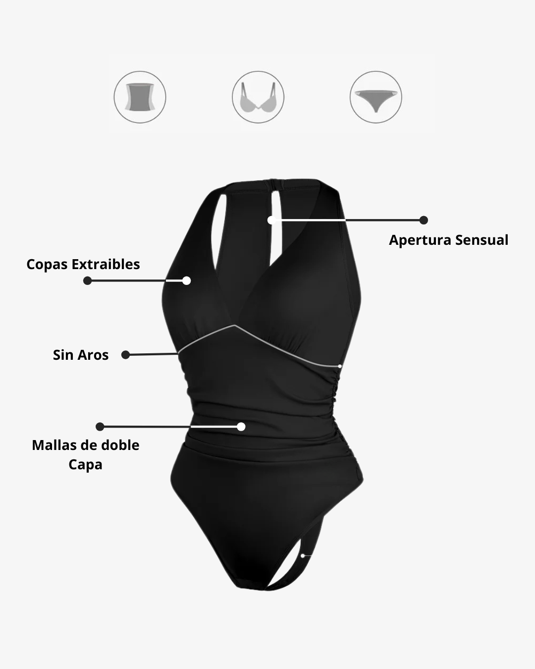 Body Moldeador con Cuello V y Fruncido para Control de Abdomen