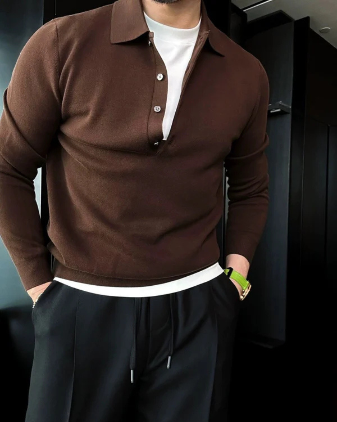 Camiseta polo de manga larga de punto para hombre
