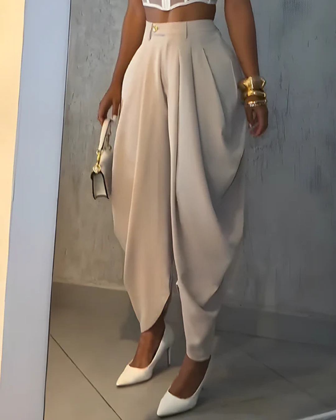 Pantalones informales de cintura alta y fruncido suelto para mujer