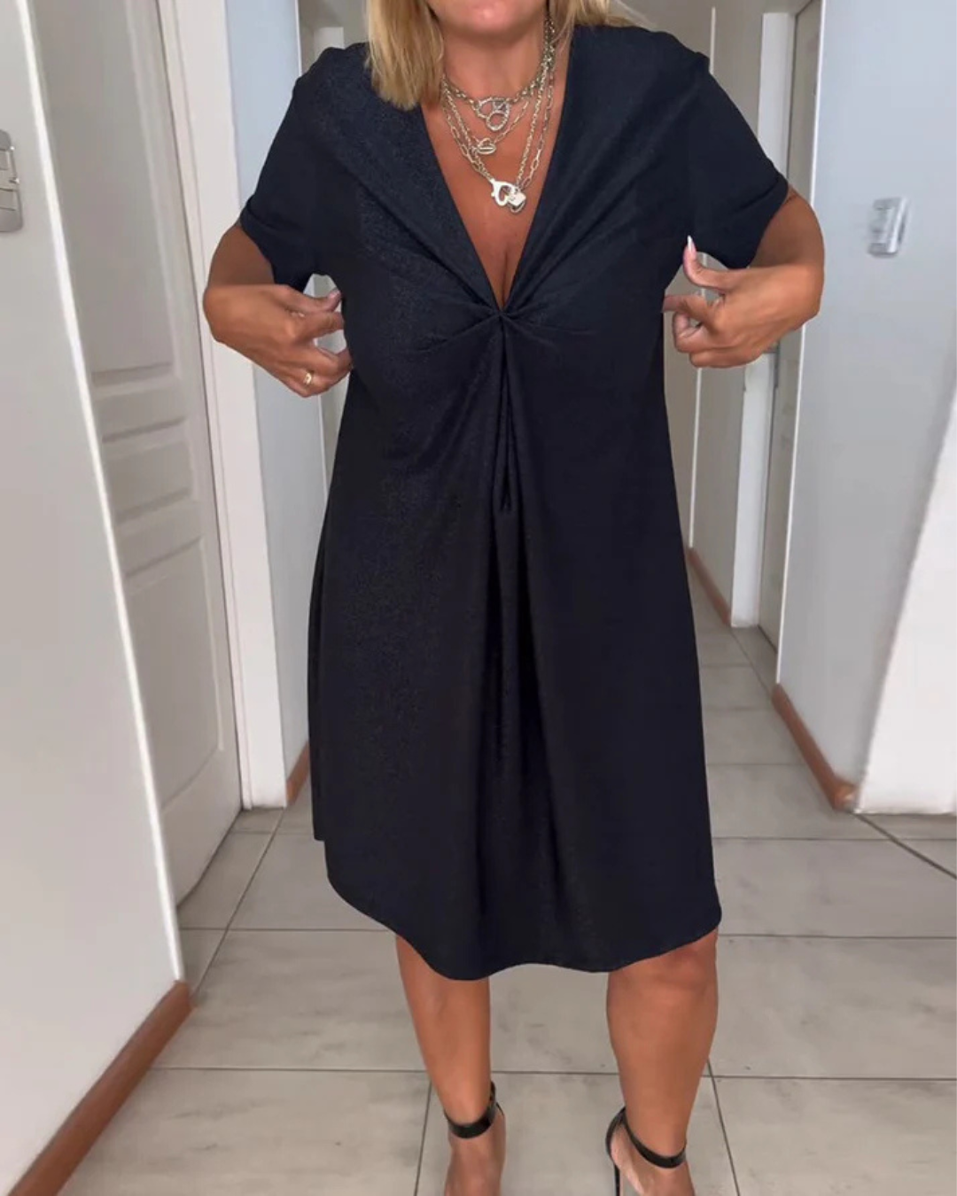 Vestido de Manga Corta con Volantes en el Pecho para Mujer