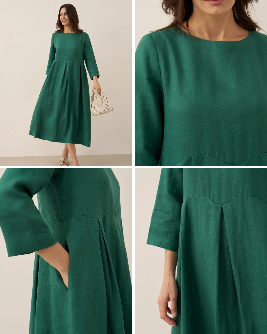 Vestido largo plisado de lino con cuello redondo