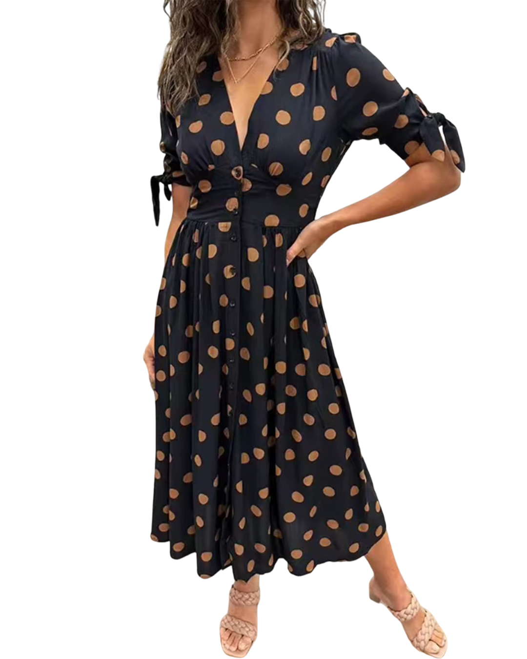 Vestido de Lunares con Escote en V Cruzado y Cinturón que Realza la Cintura para una Silueta Femenina y Elegante