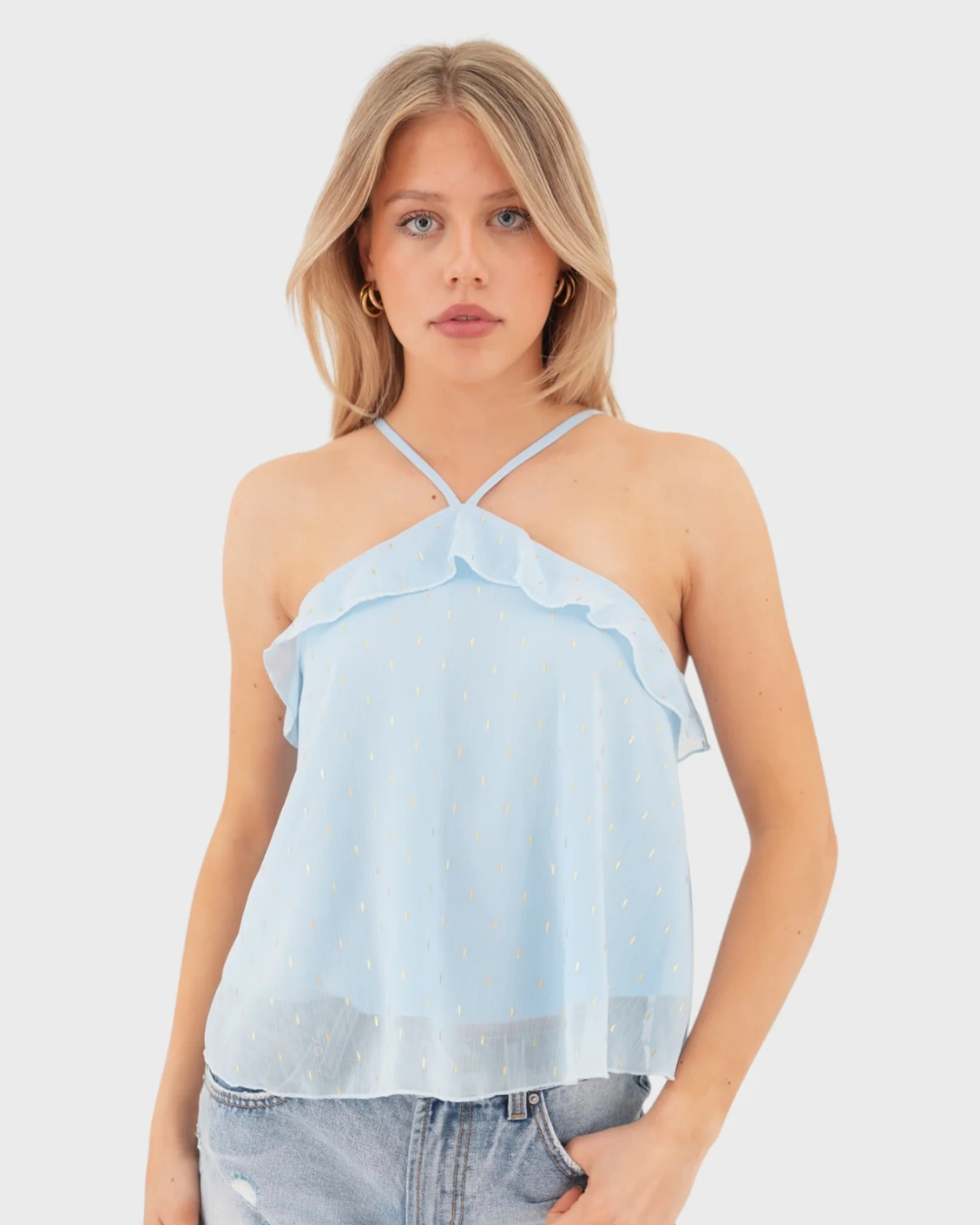Top con volantes y escote cruzado en tejido ligero con detalles dorados (OFERTA 2X1)