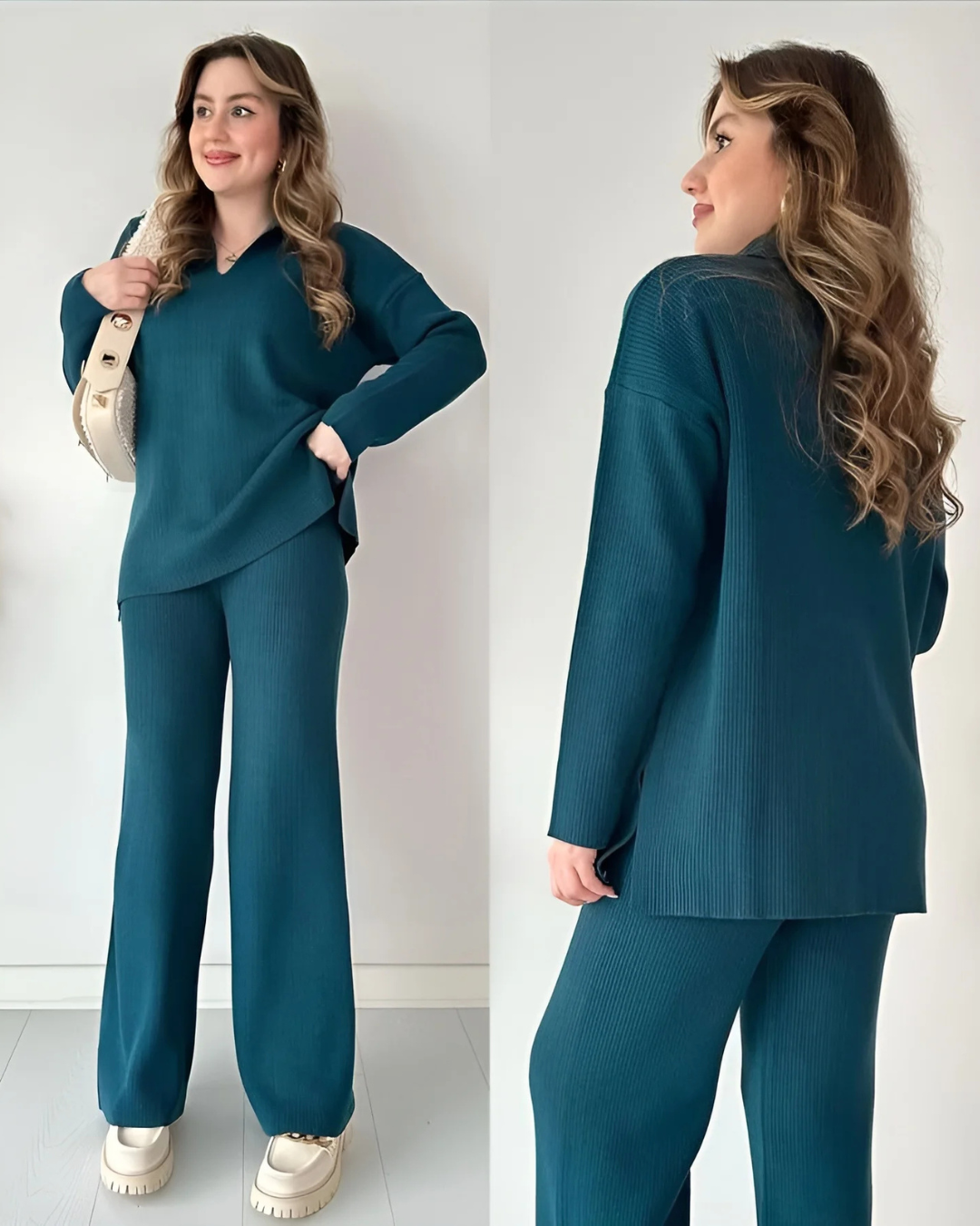Conjunto de Suéter Informal Holgado de Punto de Manga Larga y Pantalón Ancho
