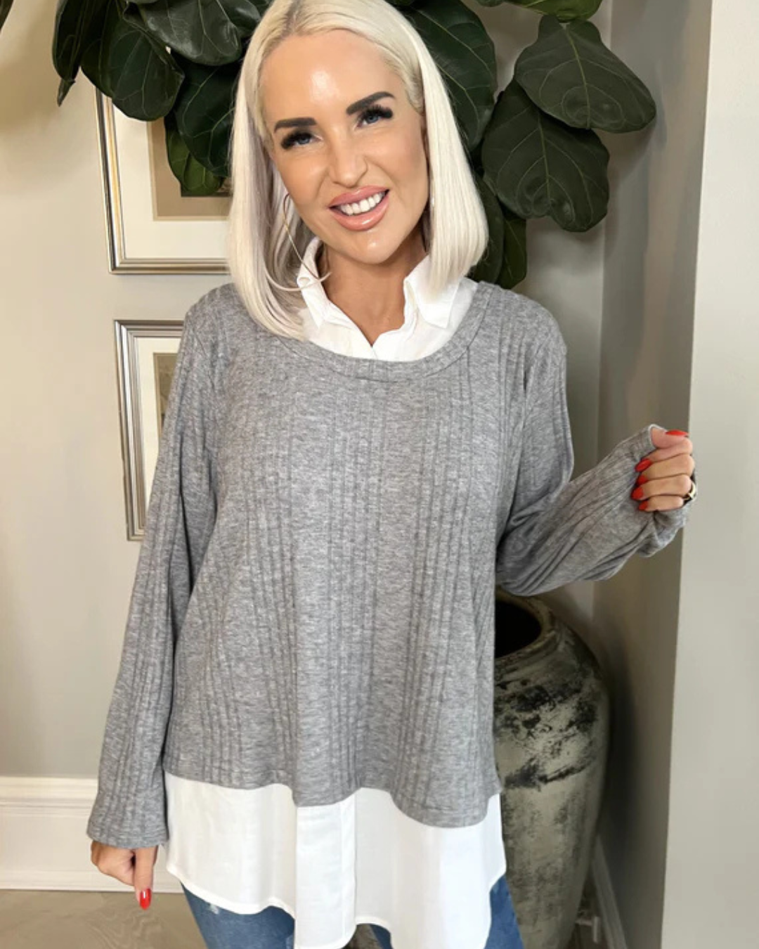 Blusa de Dos Piezas con Solapa y Manga Larga con Parches Informales