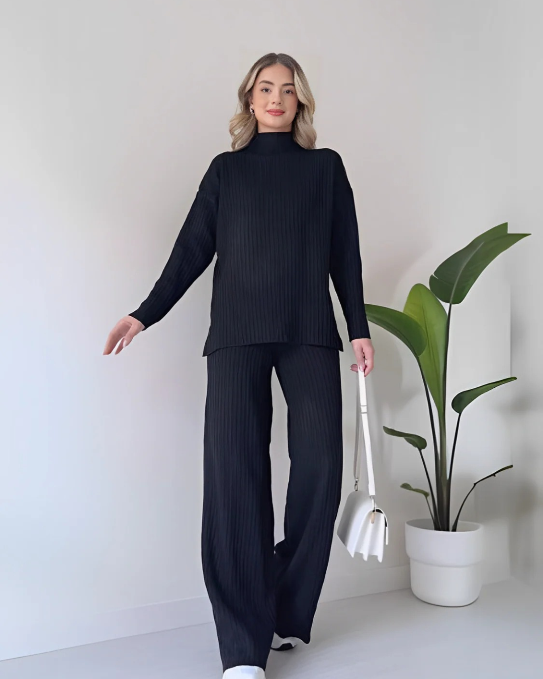 Conjunto Acanalado con Suéter de Cuello Alto y Pantalón Ancho para Mujer