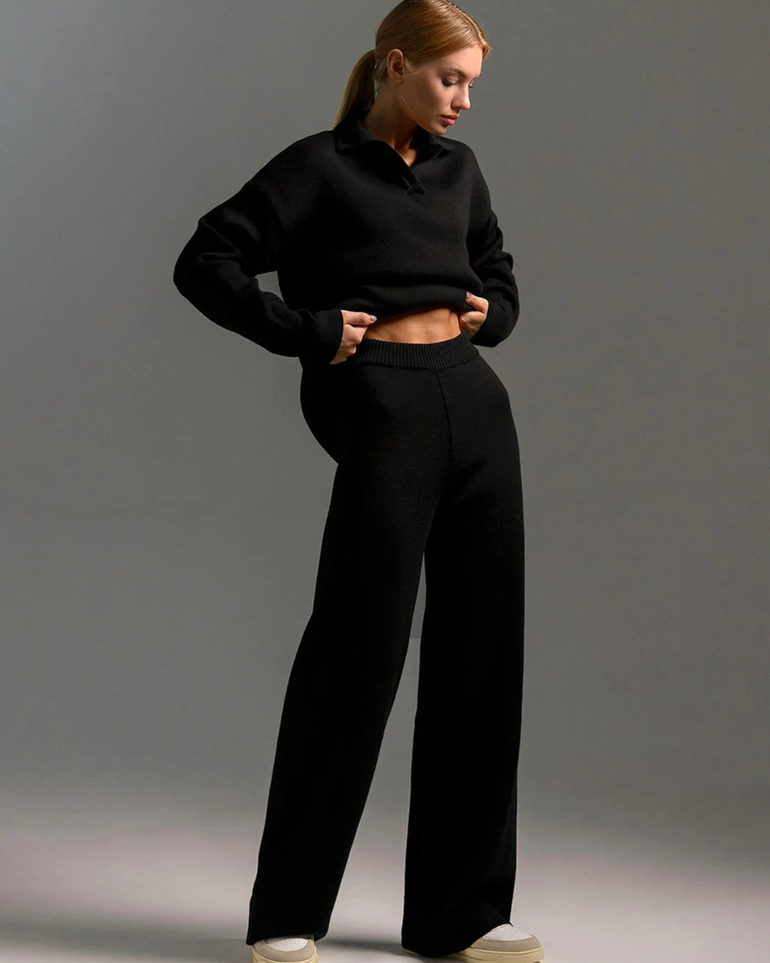 Conjunto de 2 Piezas para Mujer, Sudadera con Cuello de Polo y Pantalón de Pierna Ancha