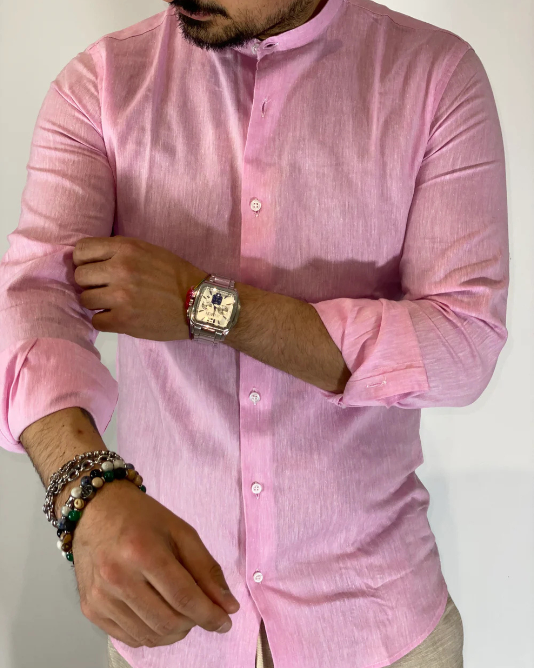 Camisa de Lino con Cuello Mao para Hombre
