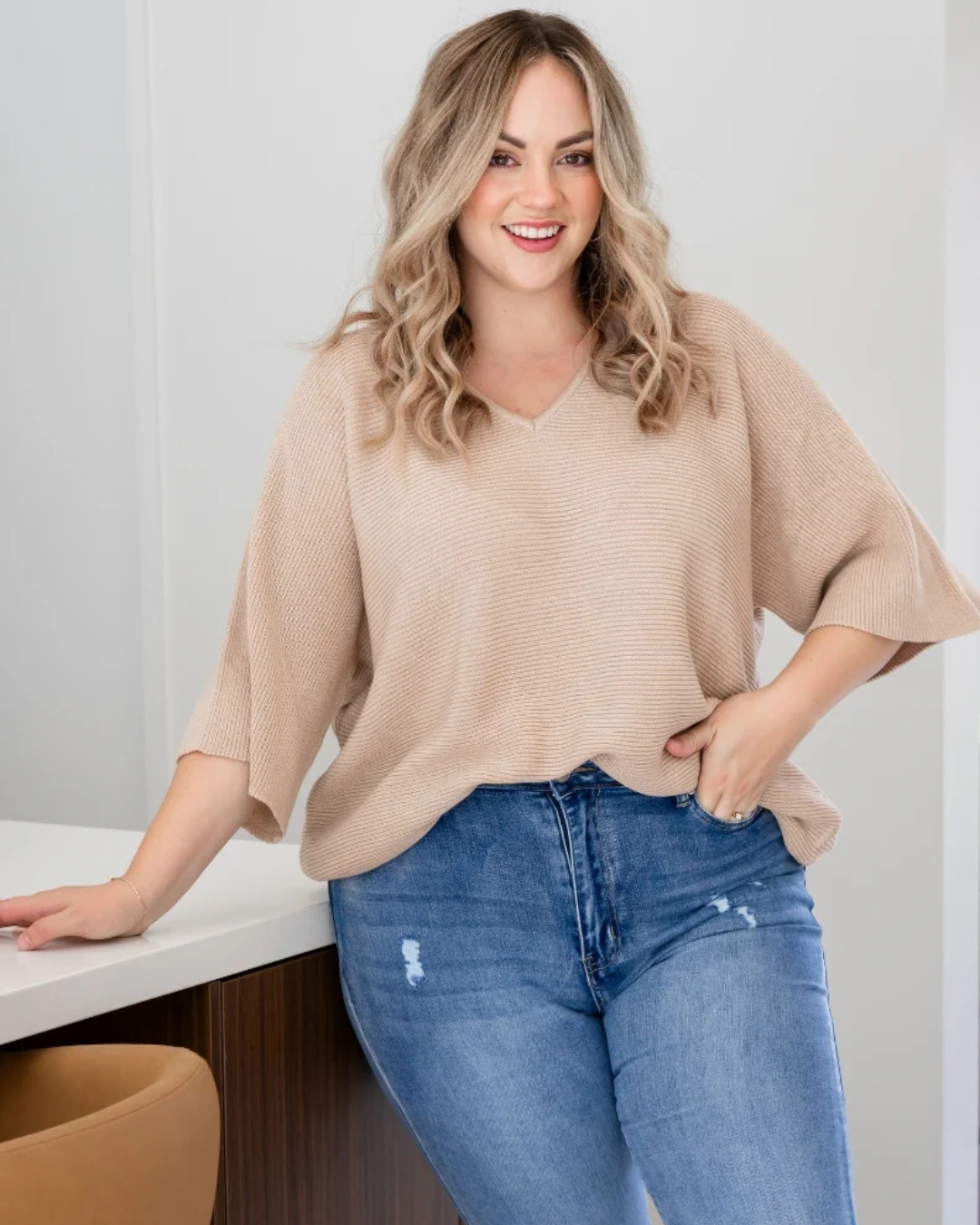 Blusa Tejida de Corte Cómodo Casual con Mangas Amplias