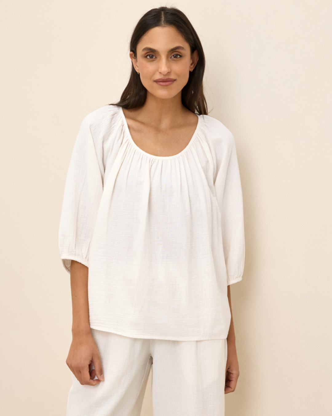 Blusa de Tejido de Doble Gasa y Cuello Redondo Ligera y Natural