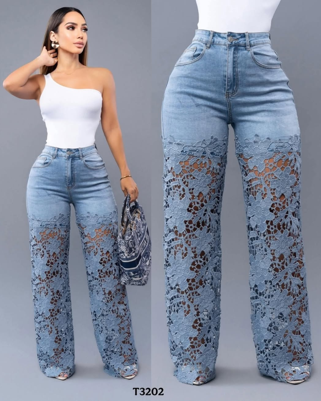 Pantalón de jean para mujer con encaje floral en las piernas