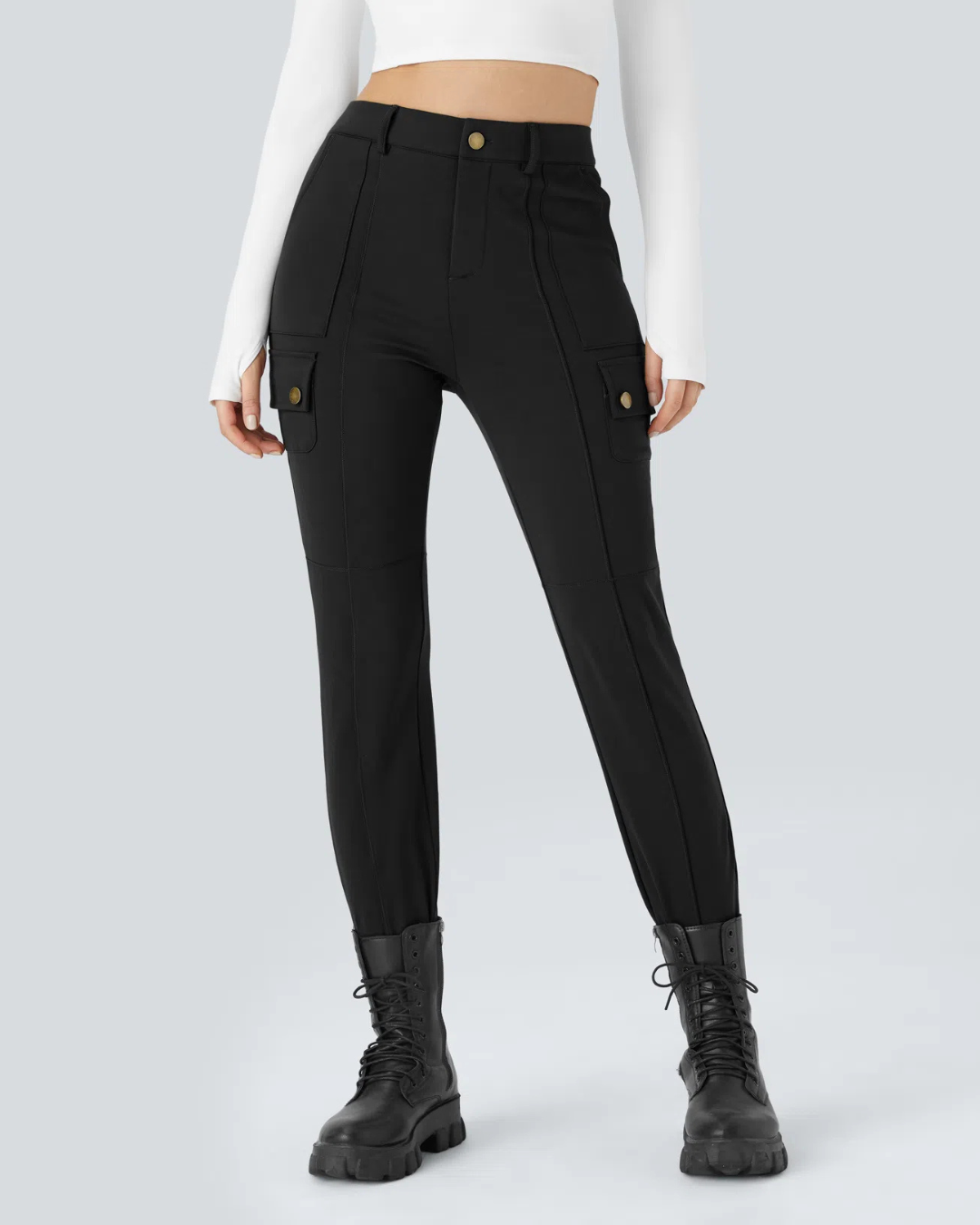 Pantalon Ajustado Plano de Mujer con Cintura Alta y Varios Bolsillos