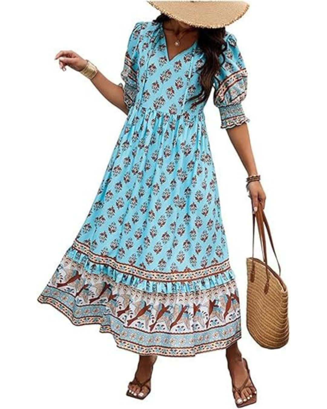 Vestido Holgado Largo con Mangas y Escote en V