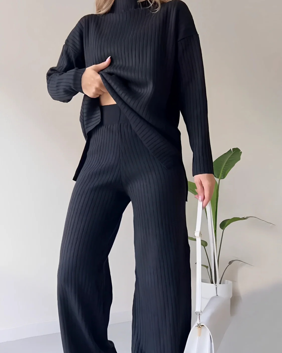 Conjunto Acanalado con Suéter de Cuello Alto y Pantalón Ancho para Mujer