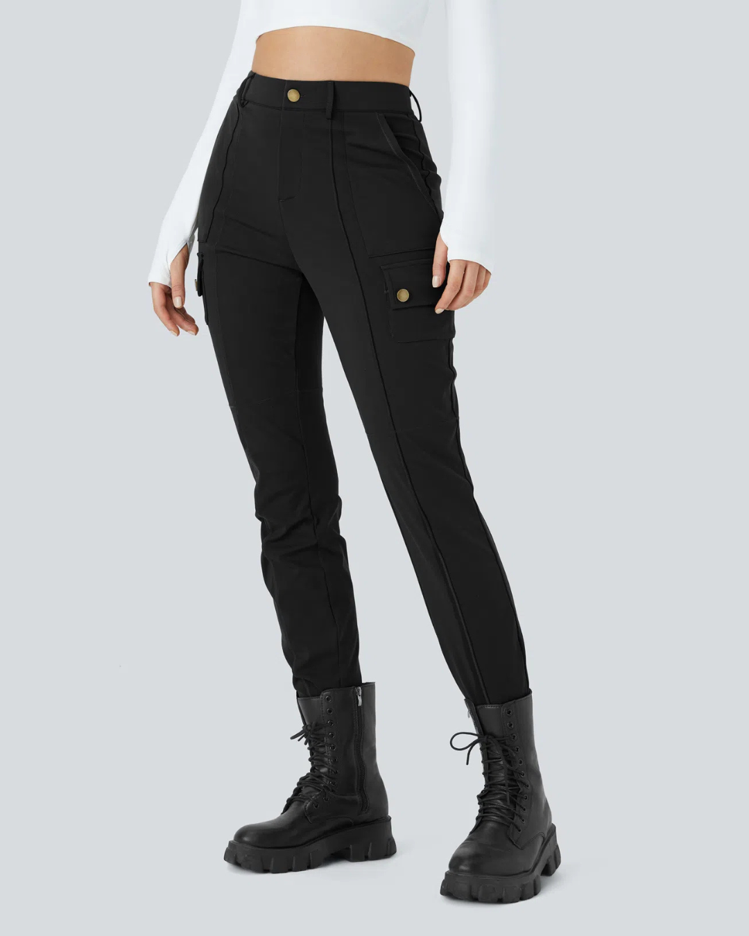 Pantalon Ajustado Plano de Mujer con Cintura Alta y Varios Bolsillos