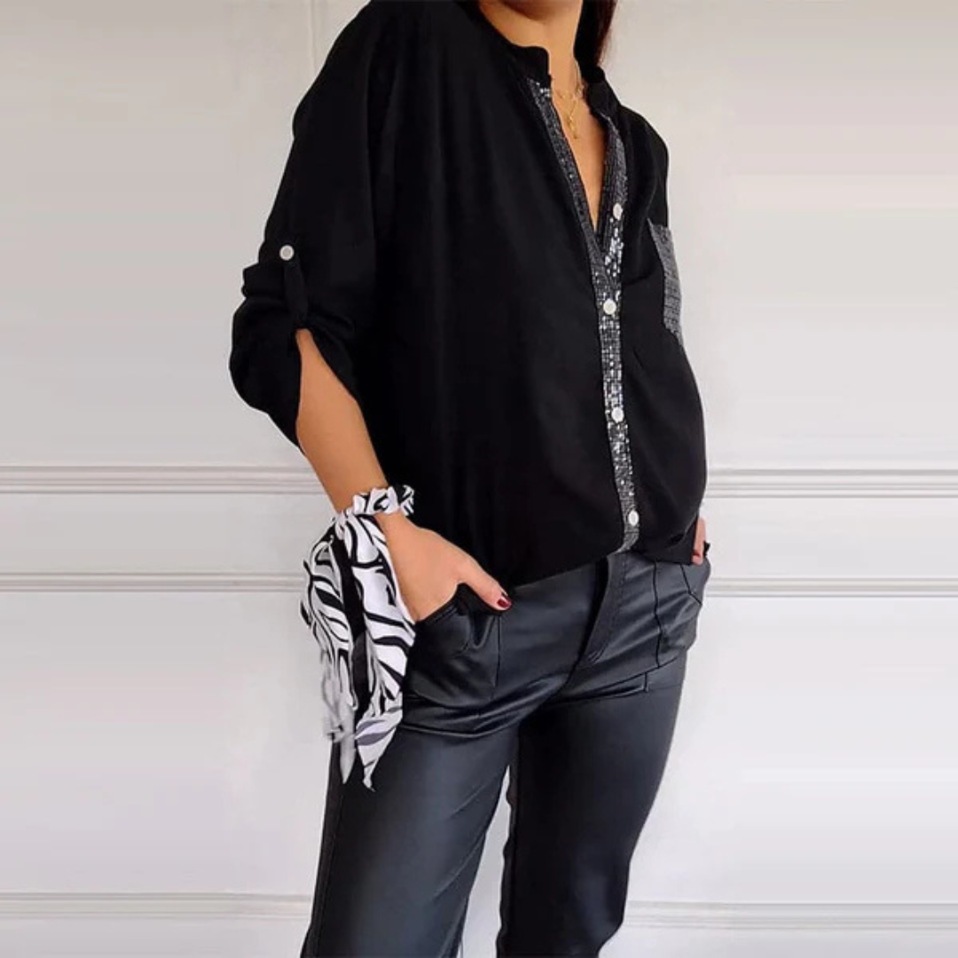Camisa Casual de Manga Larga para Mujer con Bolsillo y Detalles de Lentejuelas