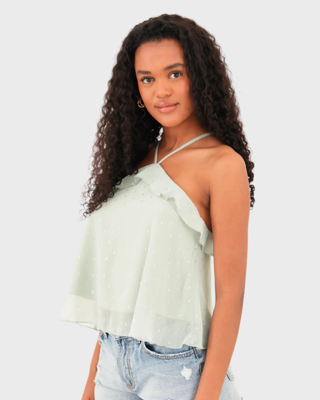 Top con volantes y escote cruzado en tejido ligero con detalles dorados (OFERTA 2X1)