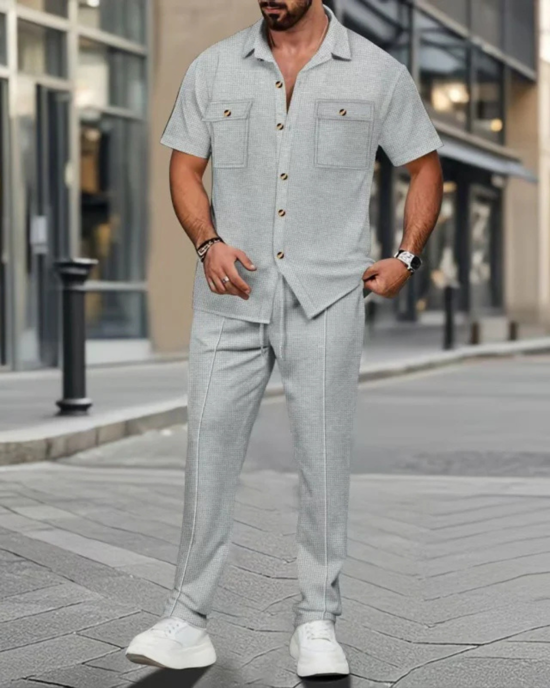 Conjunto informal de dos piezas en algodón y lino para hombre