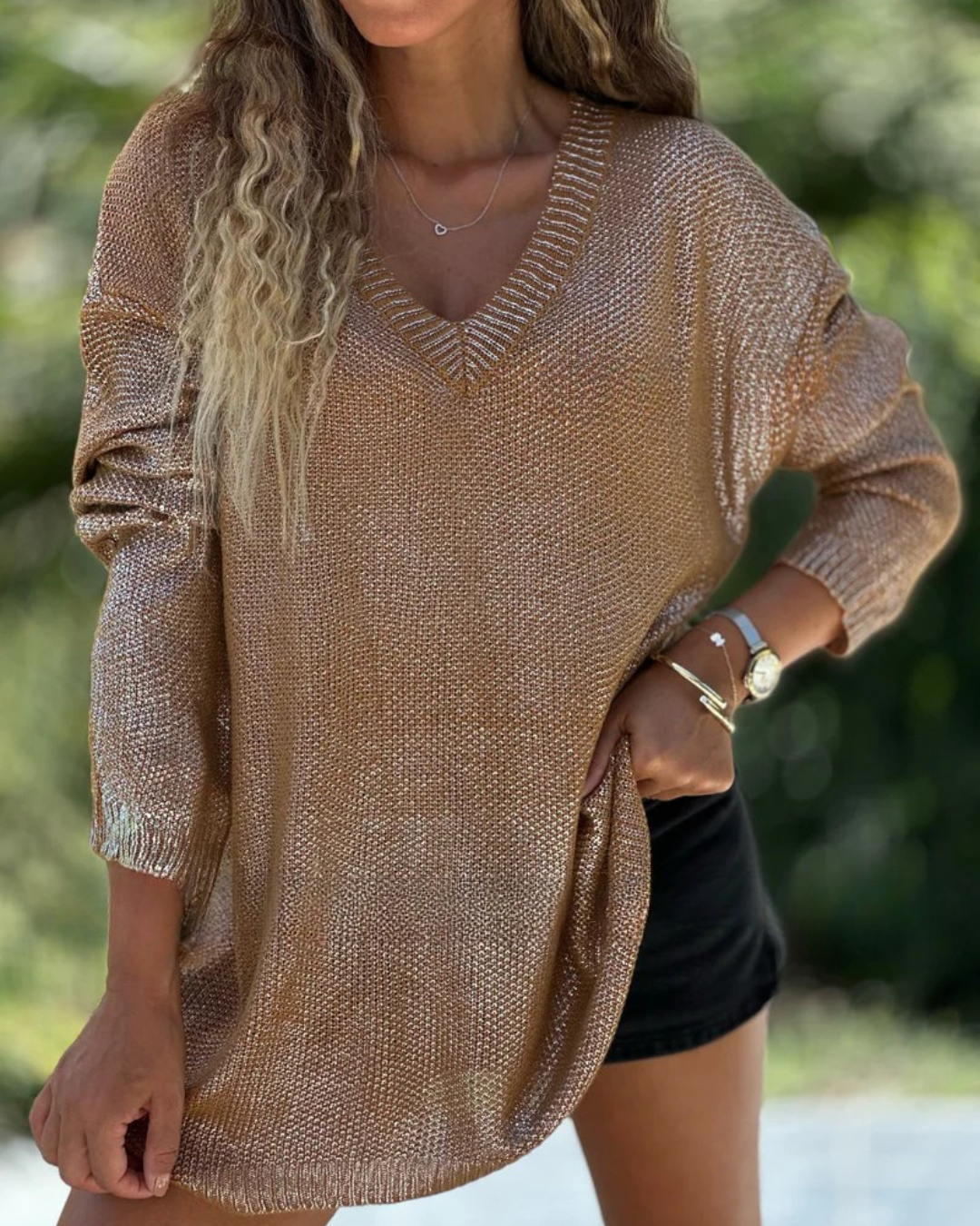 Jersey de Punto Brillante con Cuello en V para Mujer