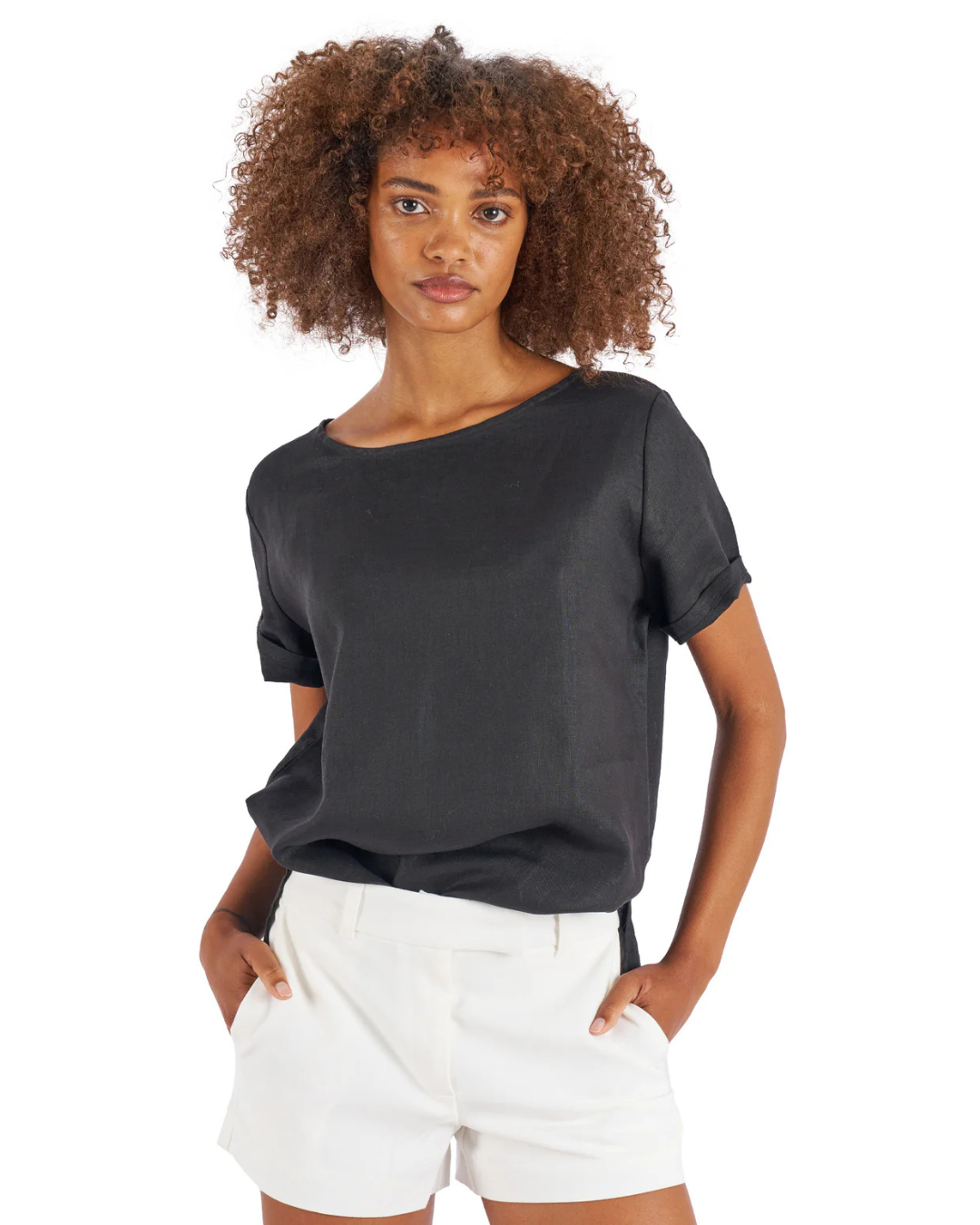 Blusa de Lino con Diseño Holgado y Mangas Cortas