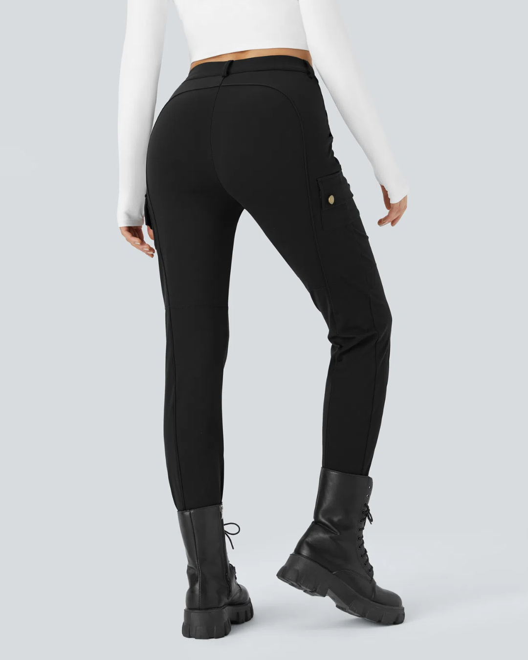 Pantalon Ajustado Plano de Mujer con Cintura Alta y Varios Bolsillos