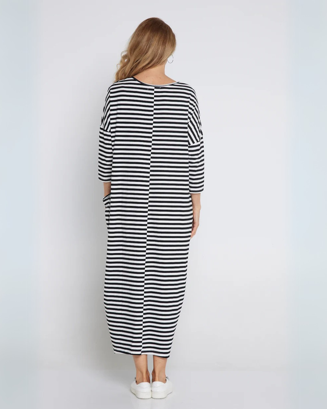 Vestido de Rayas con Cuello en V y Bolsillos Frontales para Mujer