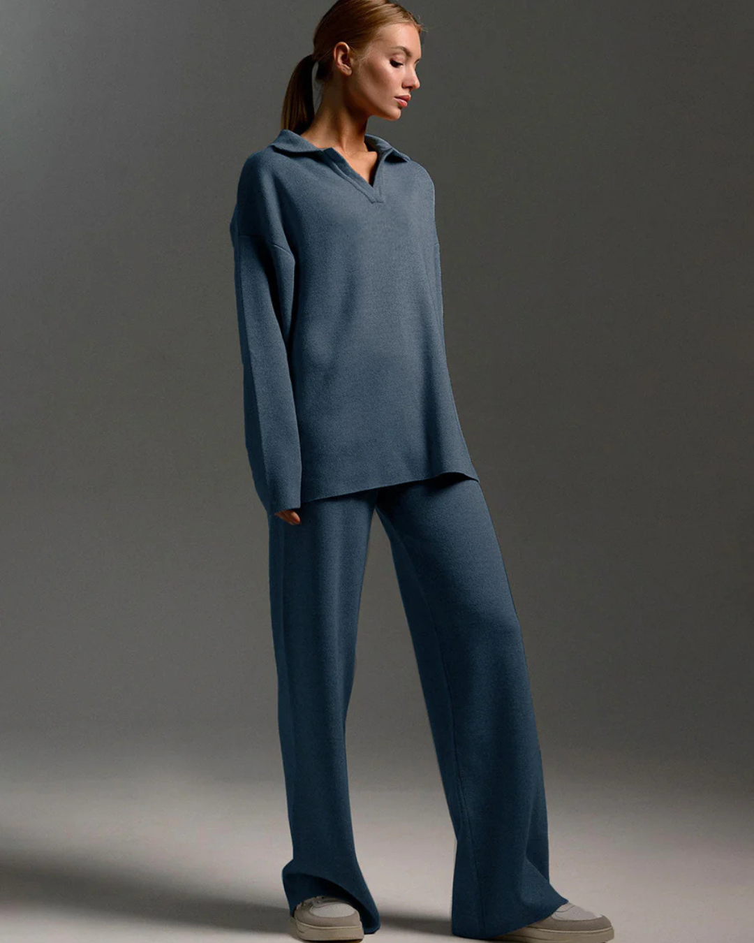 Conjunto de 2 Piezas para Mujer, Sudadera con Cuello de Polo y Pantalón de Pierna Ancha