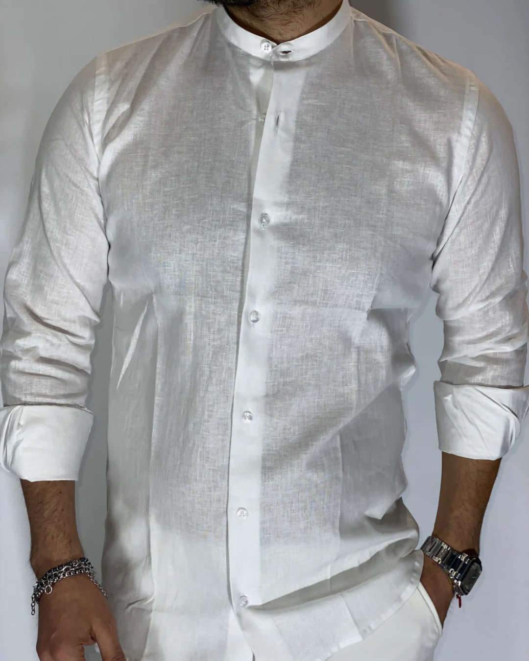 Camisa de Lino con Cuello Mao para Hombre