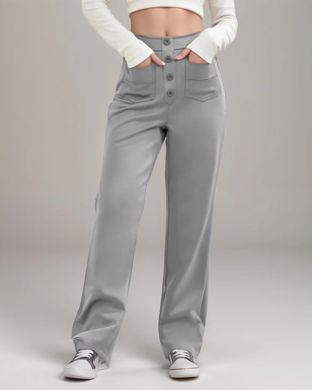 Pantalón Recto de Talle Alto con Botones Decorativos y Bolsillos Delanteros de Estilo Práctico