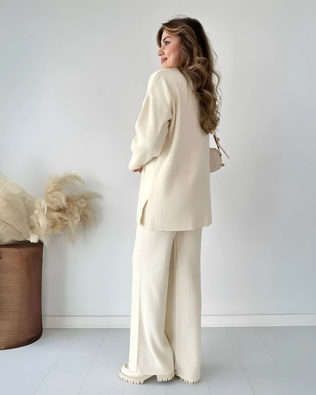 Conjunto de Suéter Informal Holgado de Punto de Manga Larga y Pantalón Ancho