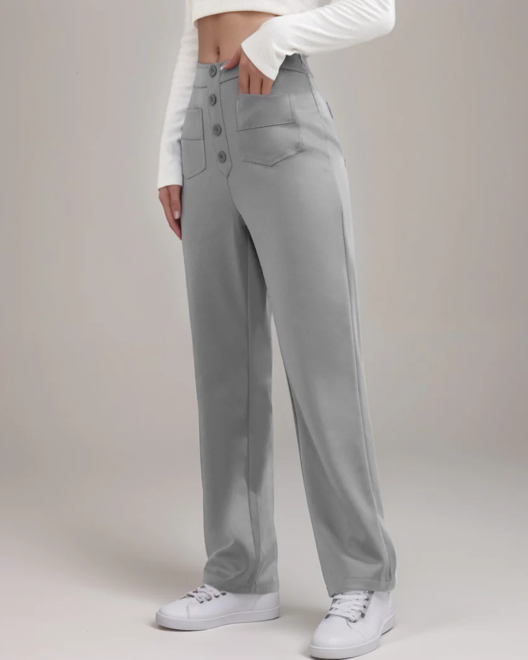Pantalón Recto de Talle Alto con Botones Decorativos y Bolsillos Delanteros de Estilo Práctico