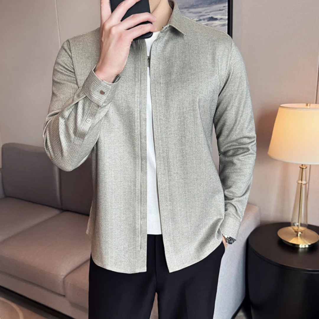Camisa de Solapa de Color liso para Hombre con Cierre de Cremallera