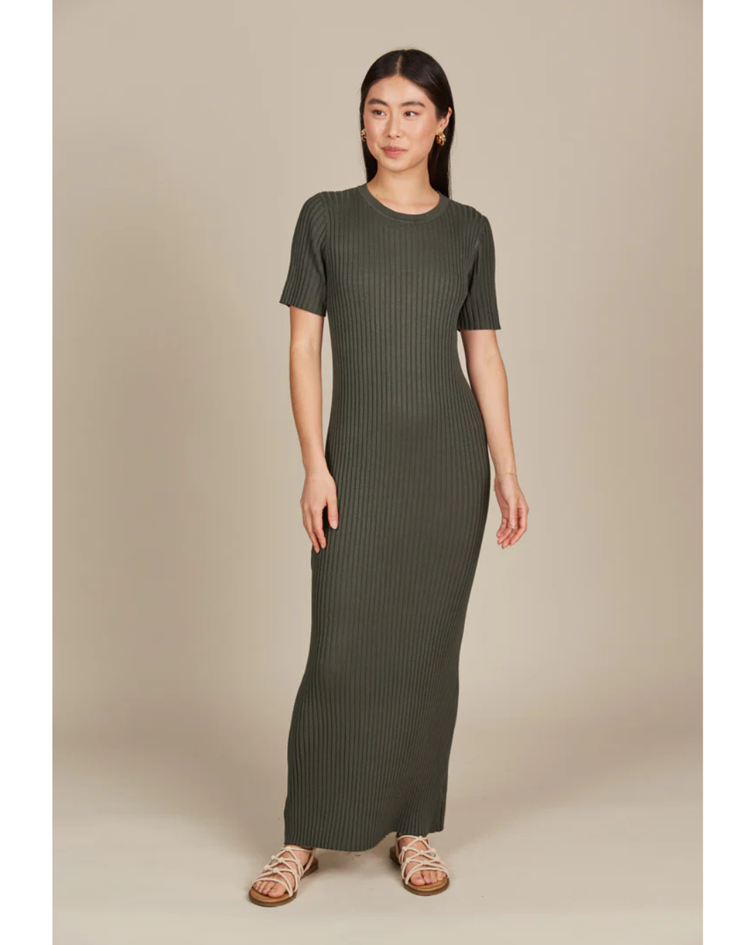 Vestido Largo de Manga Corta con Canalé para Mujer
