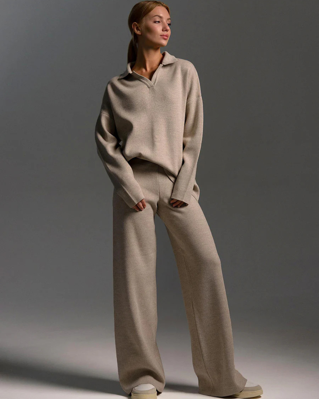 Conjunto de 2 Piezas para Mujer, Sudadera con Cuello de Polo y Pantalón de Pierna Ancha