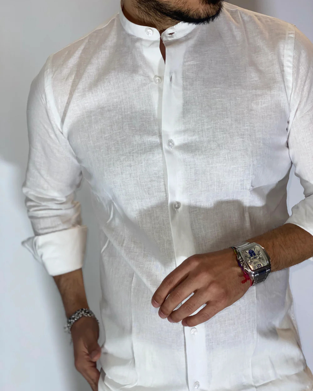 Camisa de Lino con Cuello Mao para Hombre