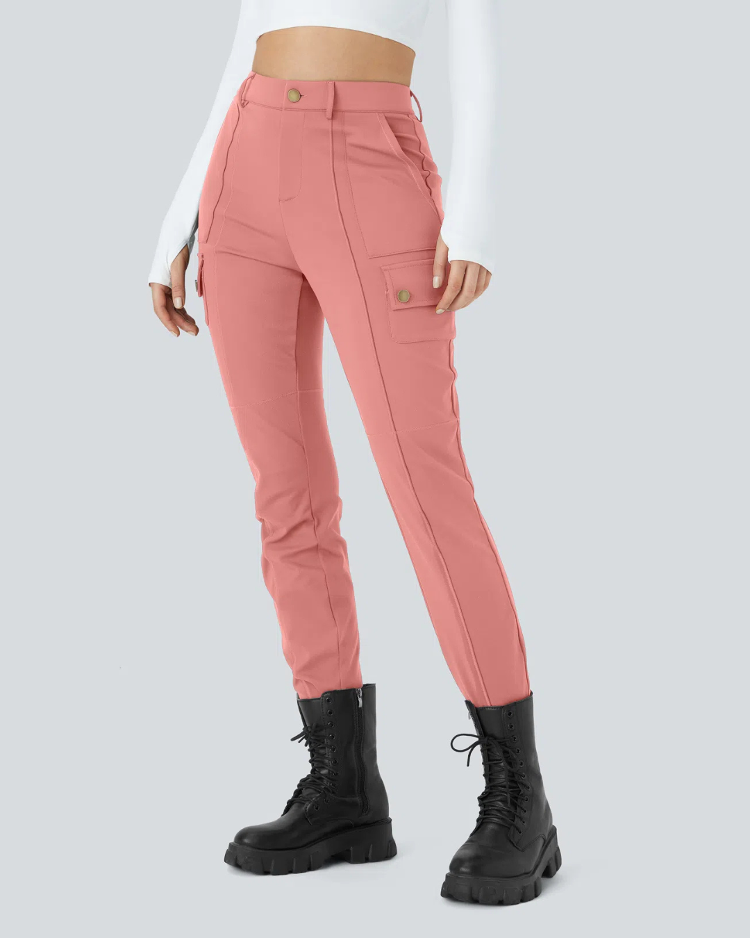 Pantalon Ajustado Plano de Mujer con Cintura Alta y Varios Bolsillos