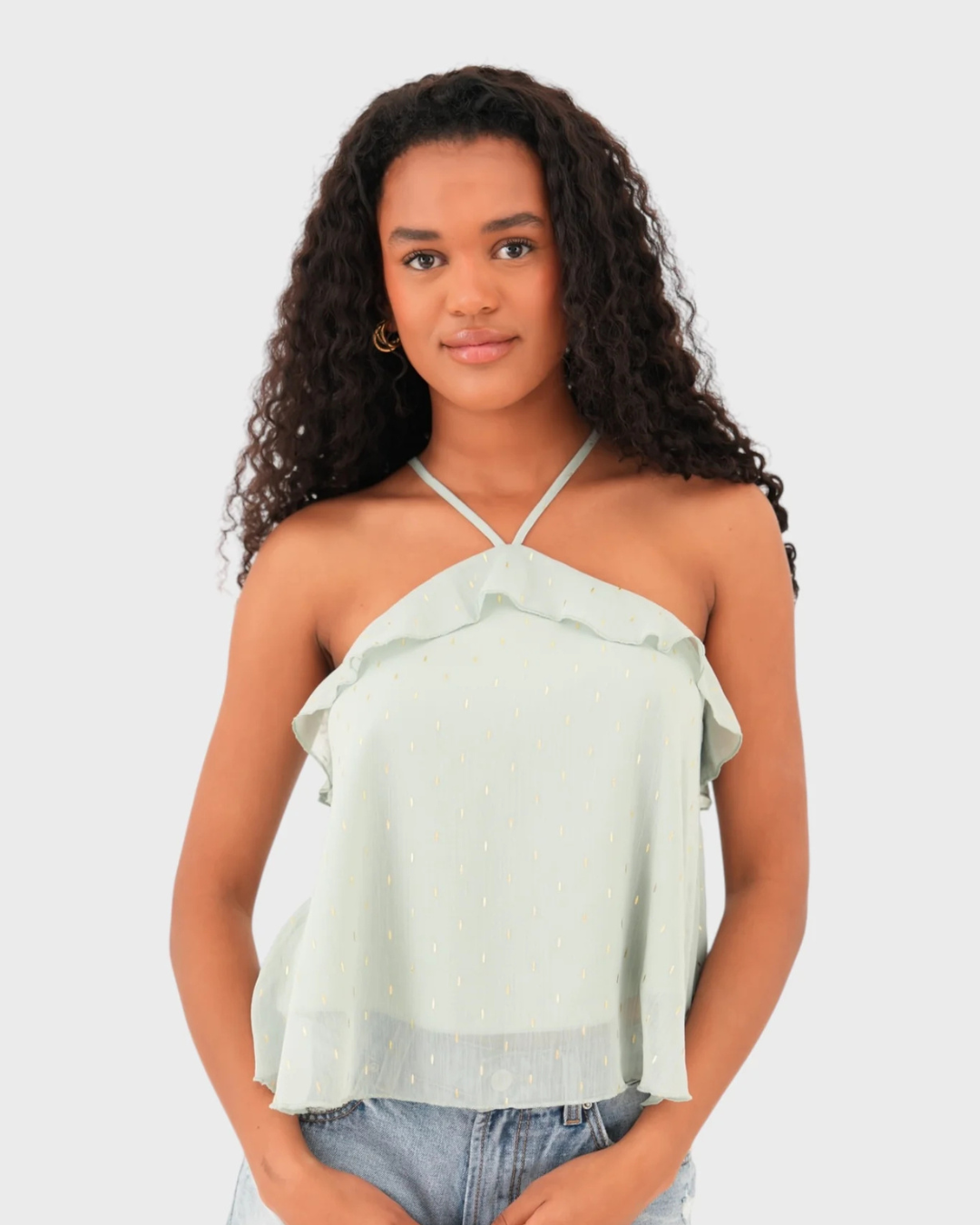 Top con volantes y escote cruzado en tejido ligero con detalles dorados (OFERTA 2X1)