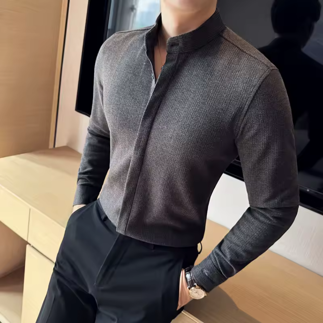 Camisa de Solapa de Color liso para Hombre con Cierre de Cremallera