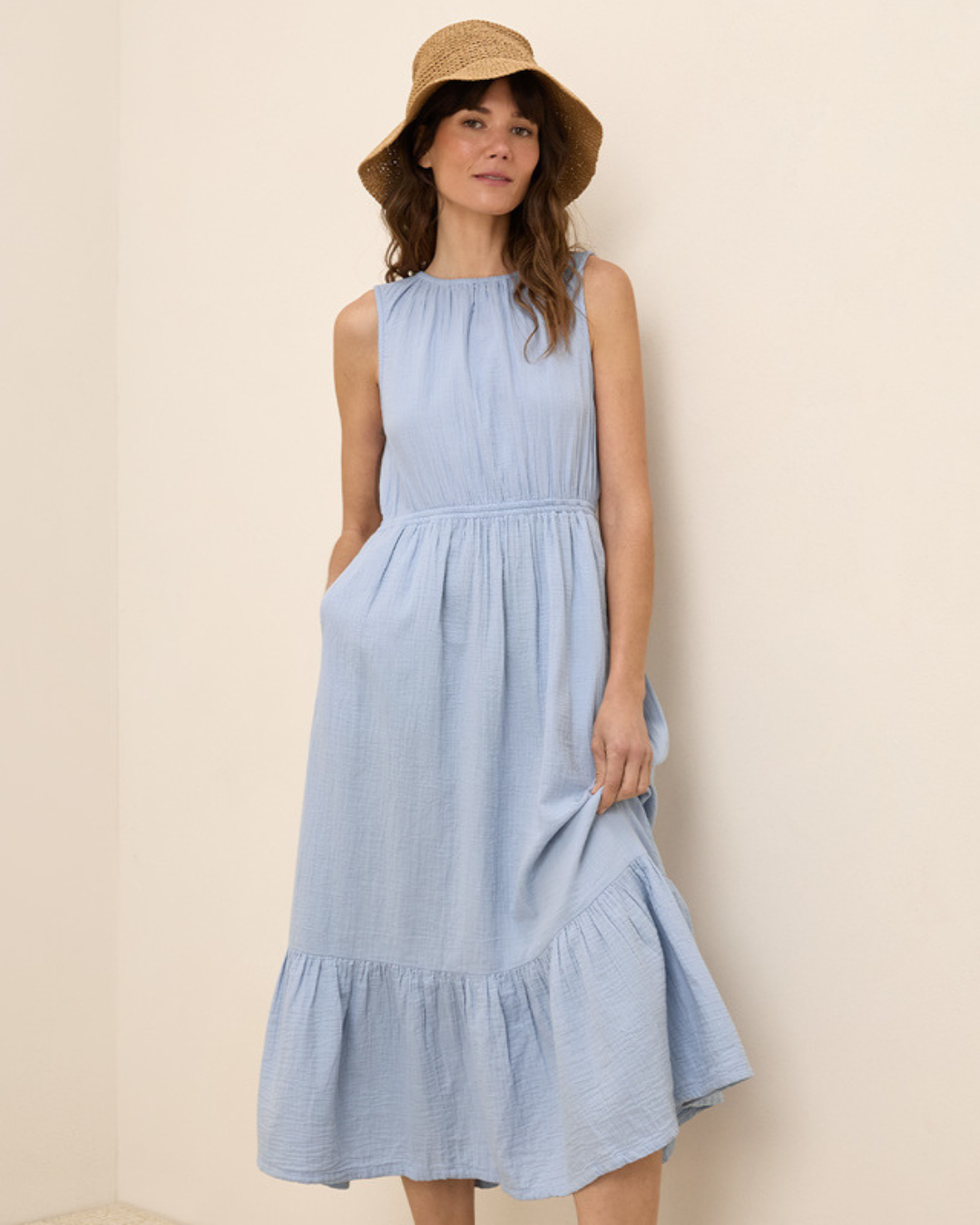 Vestido sin Mangas para Mujer en Lino con Volantes Ligero