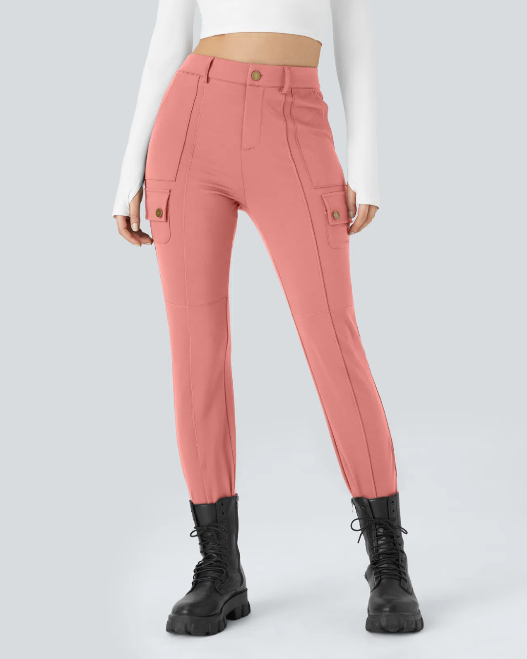 Pantalon Ajustado Plano de Mujer con Cintura Alta y Varios Bolsillos