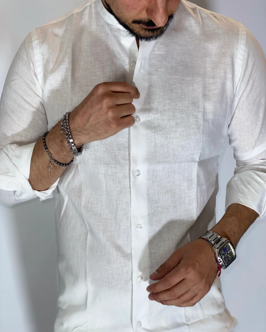 Camisa de Lino con Cuello Mao para Hombre