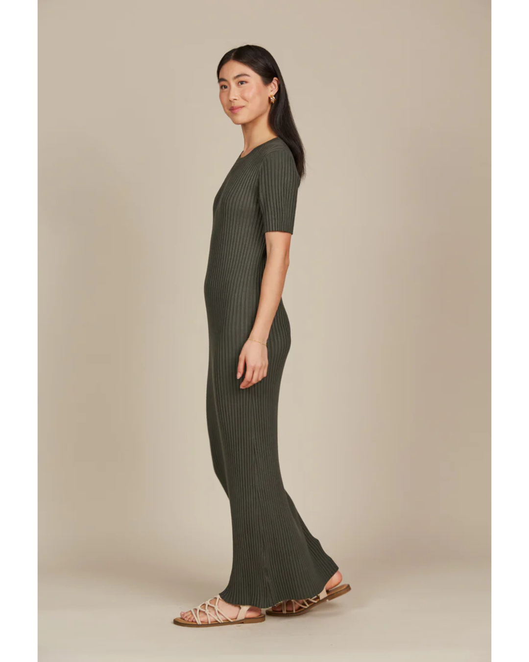 Vestido Largo de Manga Corta con Canalé para Mujer