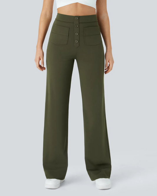 Pantalón Recto de Talle Alto con Botones Decorativos y Bolsillos Delanteros de Estilo Práctico