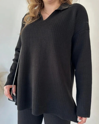 Conjunto de Suéter Informal Holgado de Punto de Manga Larga y Pantalón Ancho