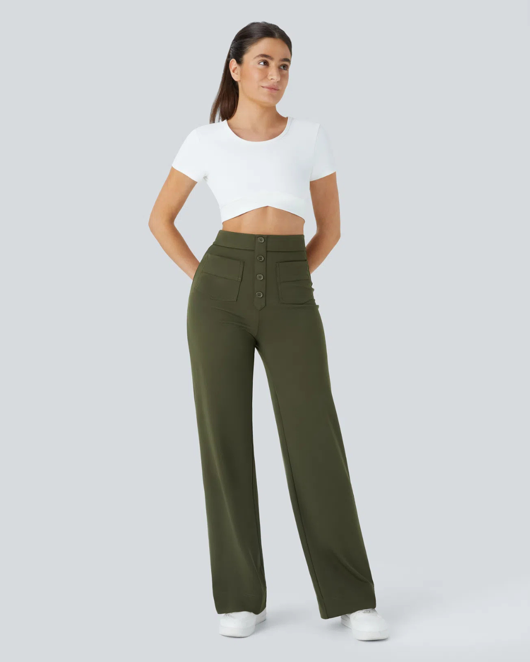 Pantalón Recto de Talle Alto con Botones Decorativos y Bolsillos Delanteros de Estilo Práctico