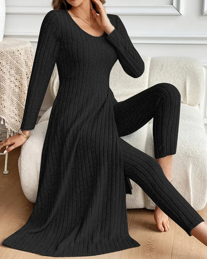 Conjunto de dos piezas con camisa de manga larga con cuello redondo y pantalones para mujer